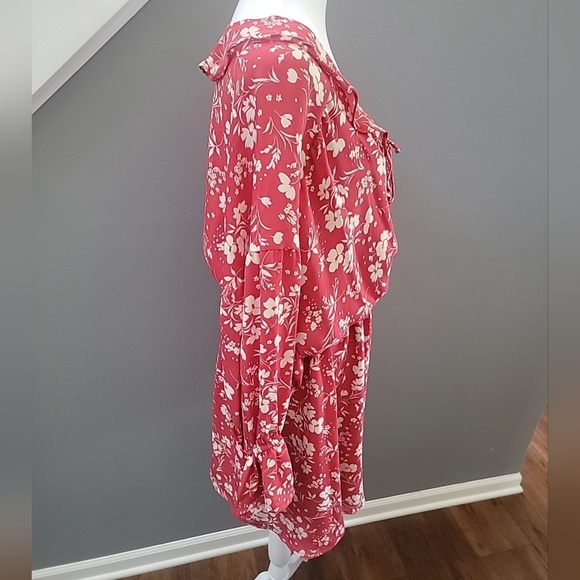 Vici Floral Long Sleeve Mini Dress Red Fit & Flare Stretch Waist V-Neck Large - Picture 3 of 6